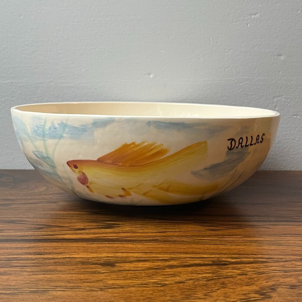 Folk-Art Style Hand-Painted Aquarium Fish Motif Bowl Art Pottery DALLAS 1978